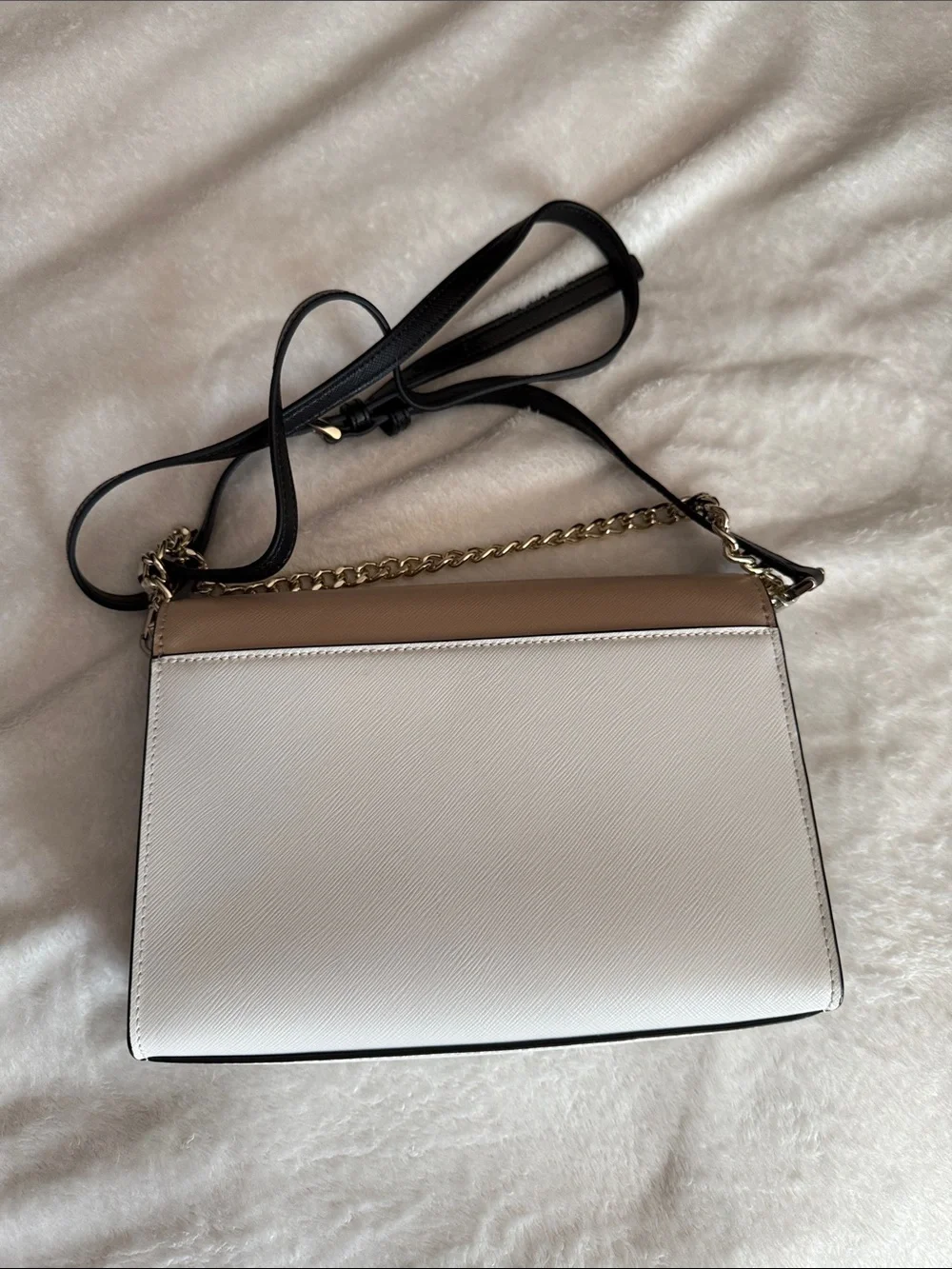 Kate Spade Beige and White Saffiano Leather Crossbody with Black Strap